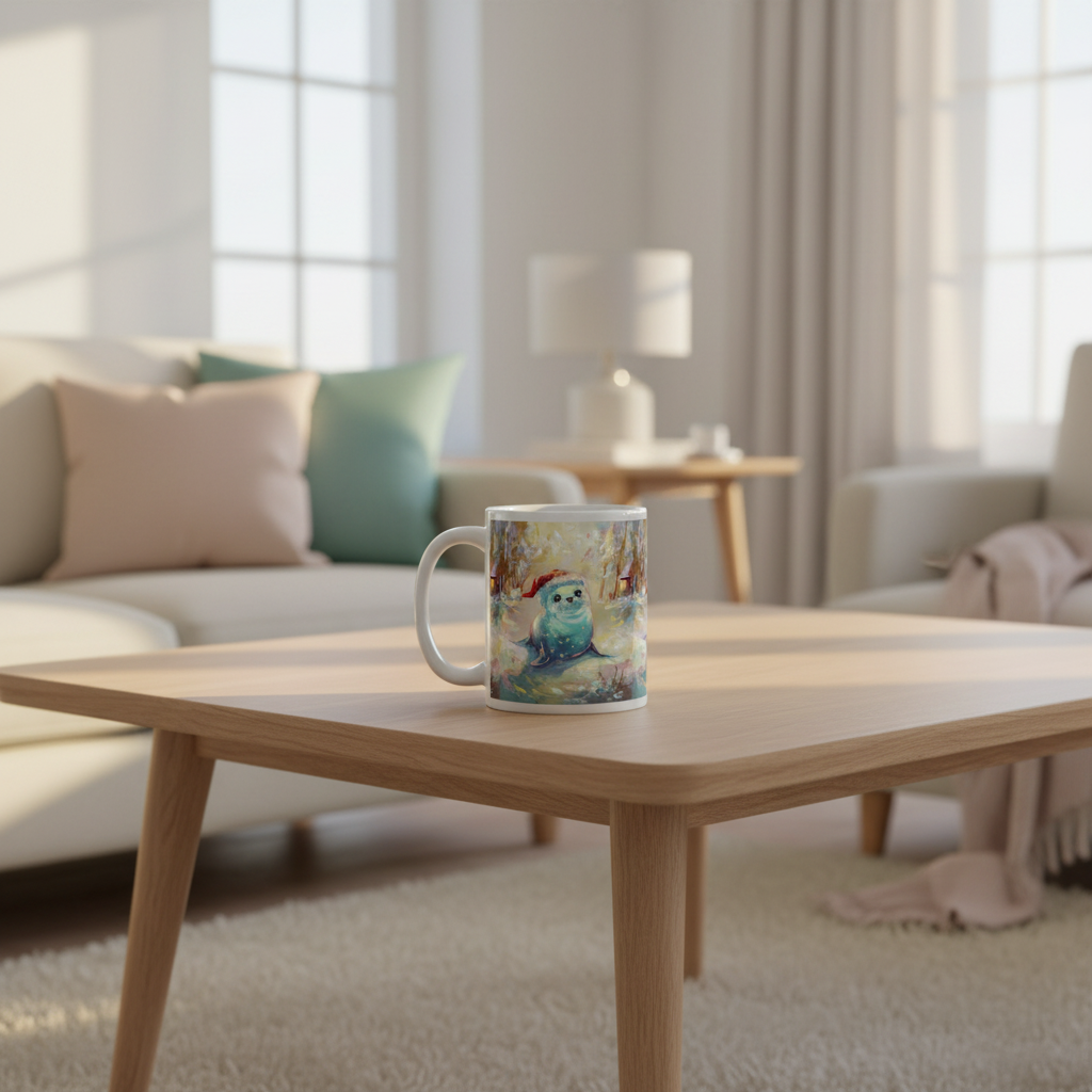 11oz Christmas seal mug close-up in living room