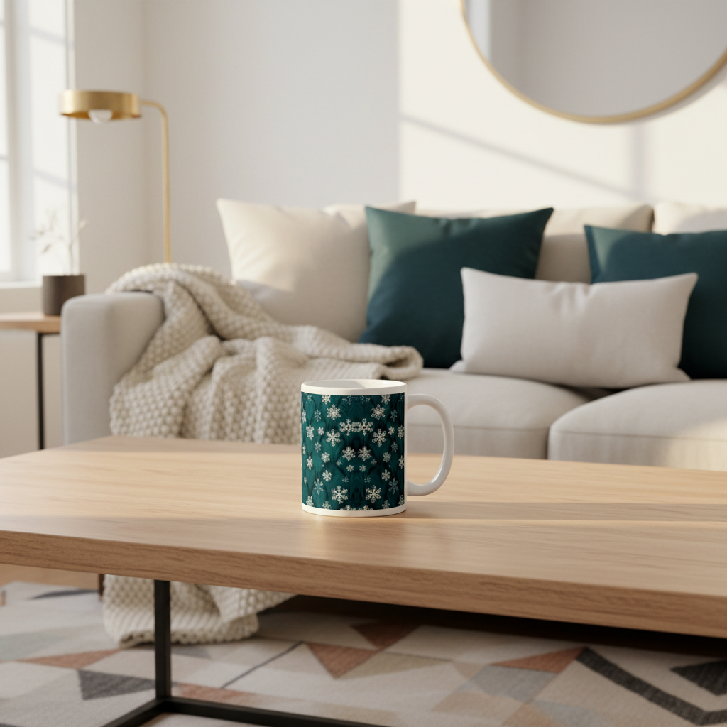 11oz snowflake mug close-up in living room