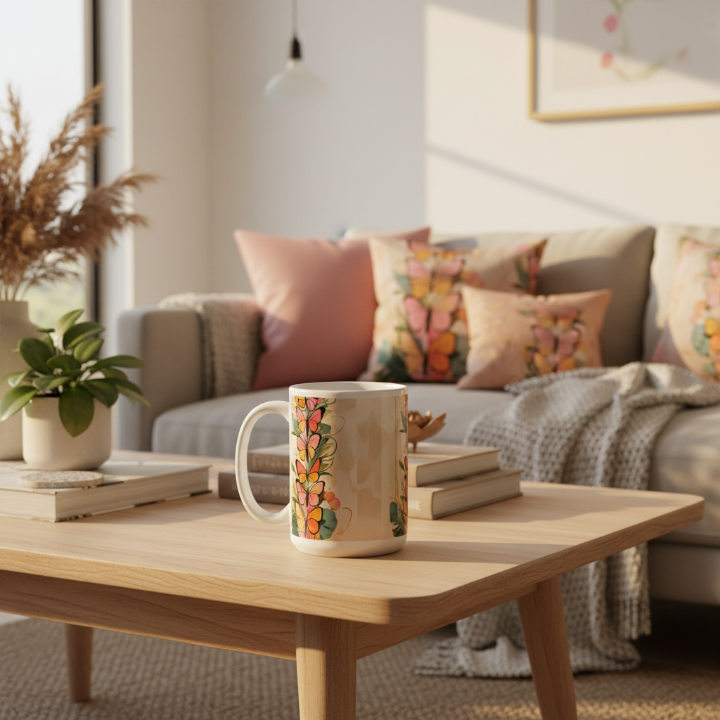 15oz butterflies mug in living room