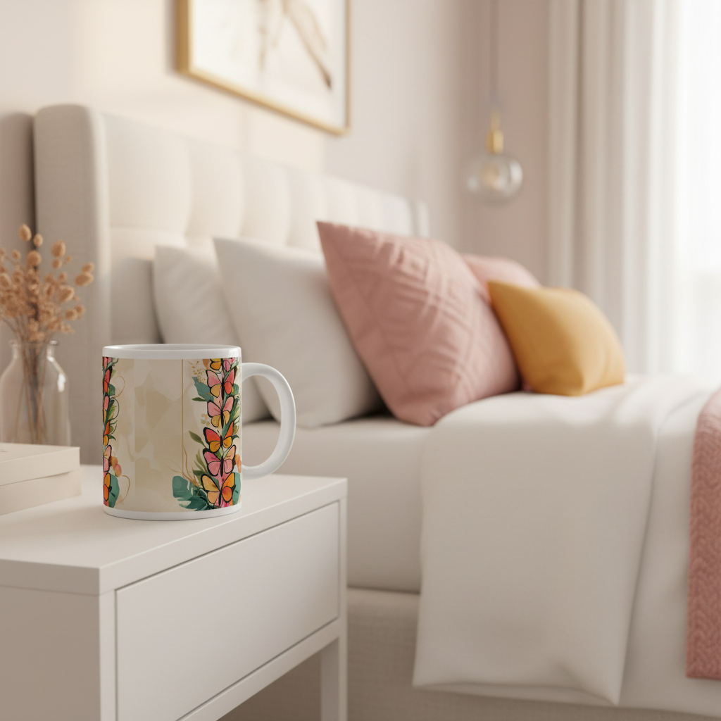 20oz butterflies mug in bedroom