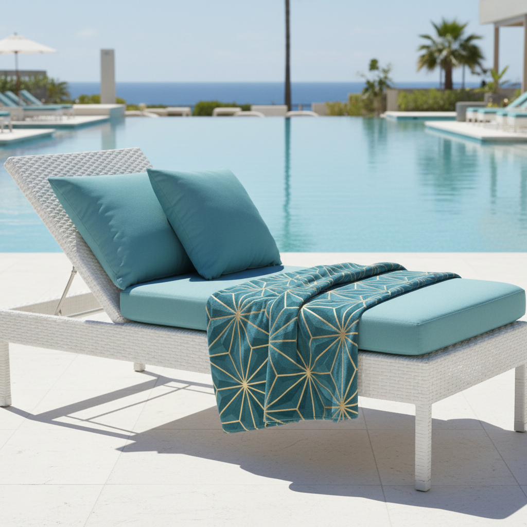 3D geometric beach towel on white lounge chair by turquoise pool