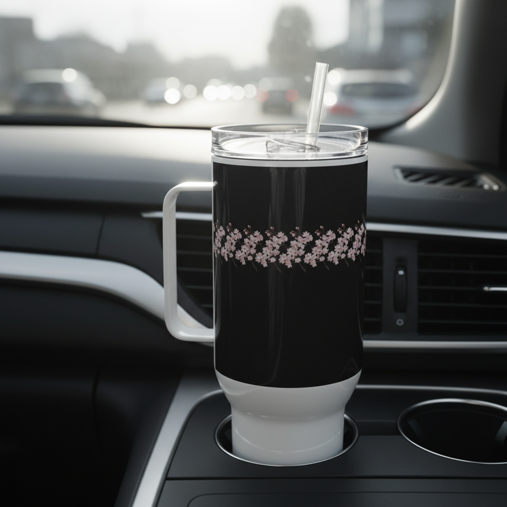40oz black travel mug in car cup holder