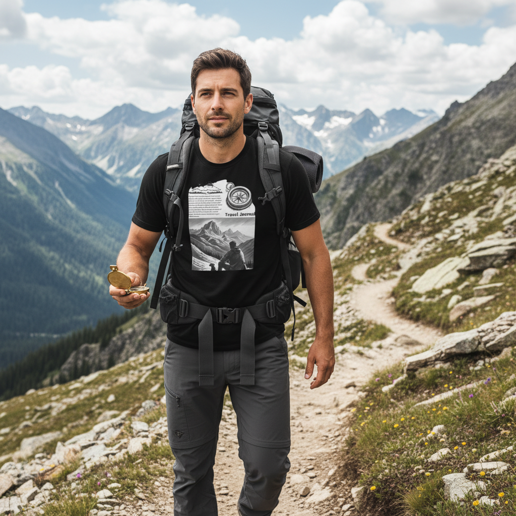Adventurous man in black mountain t-shirt trekking through mountains with compass