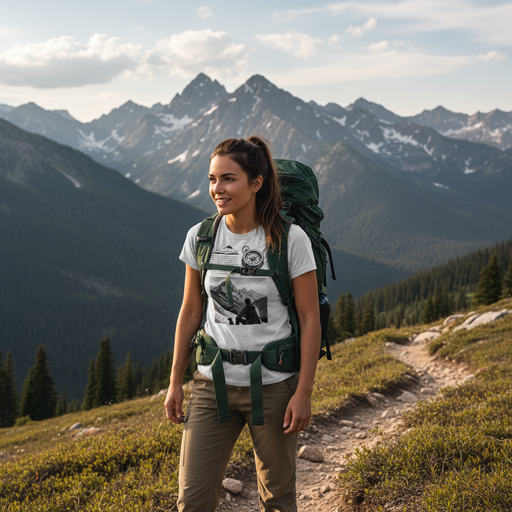 Adventurous woman in ash gray mountain t-shirt hiking on mountain trail