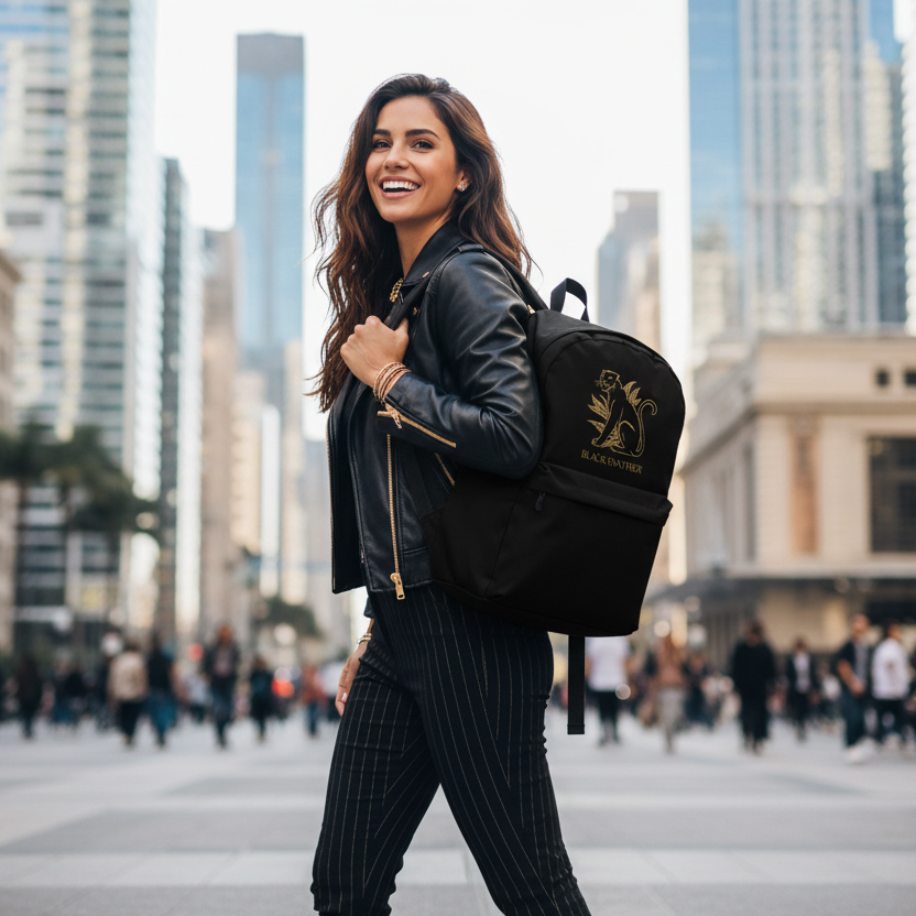 Adventurous woman with long hair carrying black Black Panther backpack radiating confidence