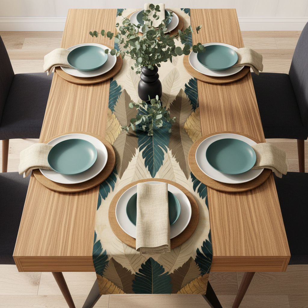 Aerial view of dining table with botanical runner and coordinated teal and beige styling