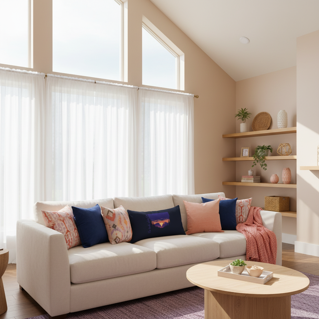 Airy living space with mountain pillows