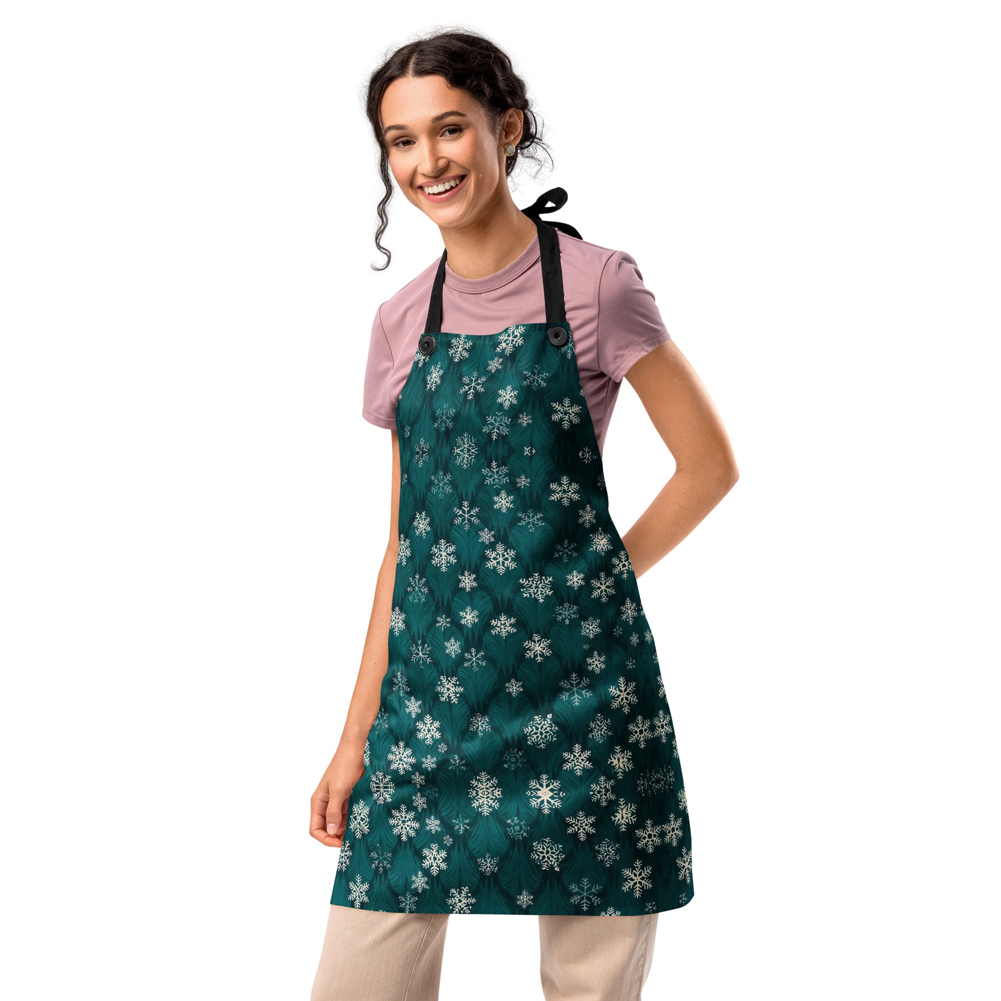 Dark Green Snowflakes Apron - Woman Cooking in Christmas Kitchen