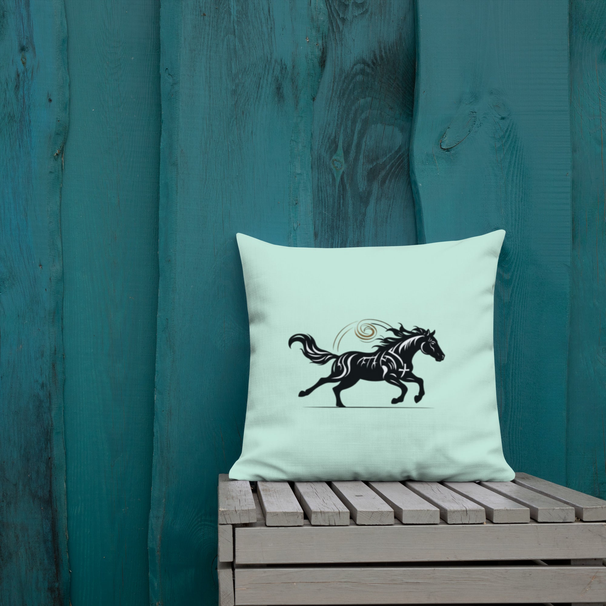 Multiple Wild Horse pillows in elegant living room corner - Premium mint green home accents with black horse silhouette
