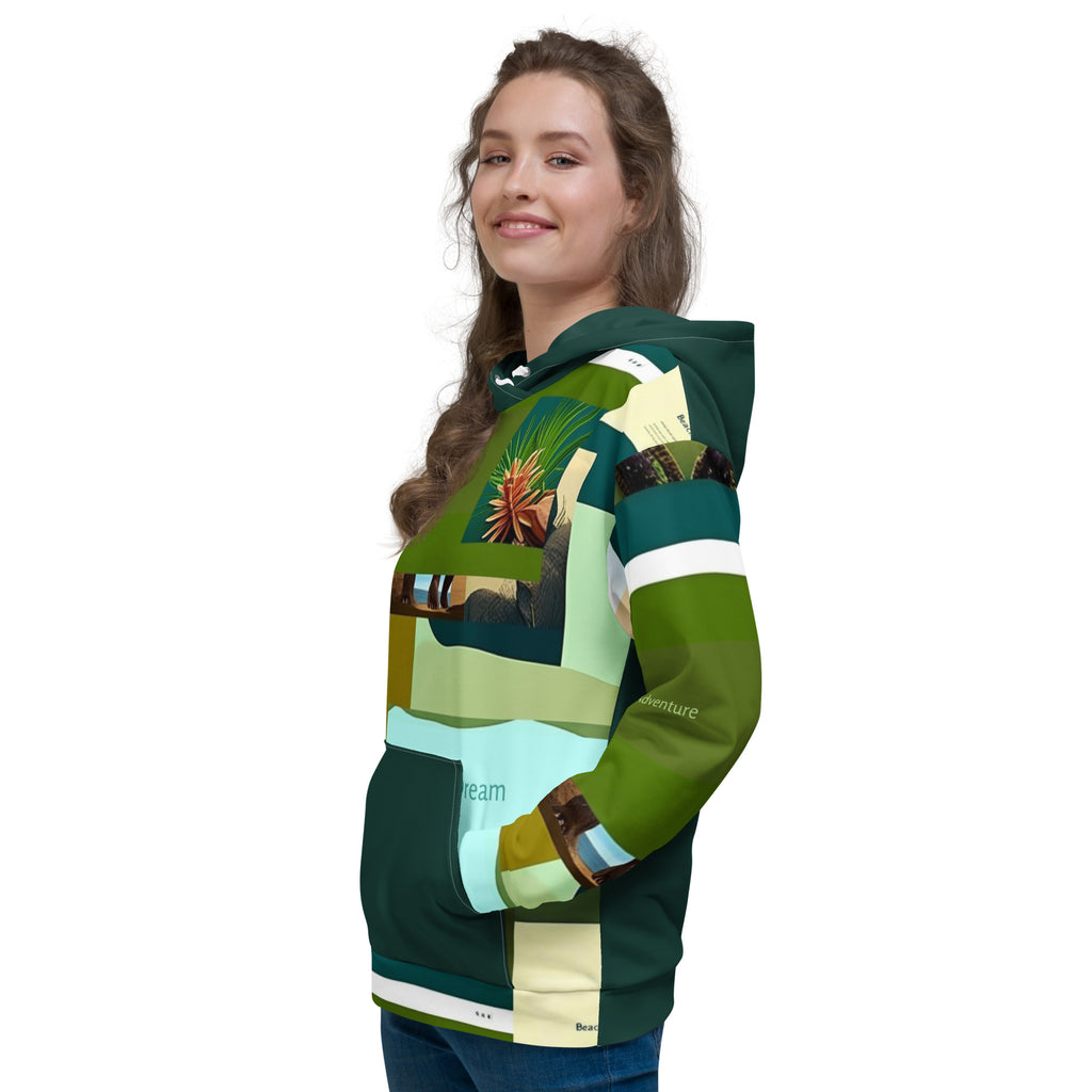 Side view of tropical adventure hoodie with vibrant all-over jungle print - recycled fabric for eco-conscious travelers