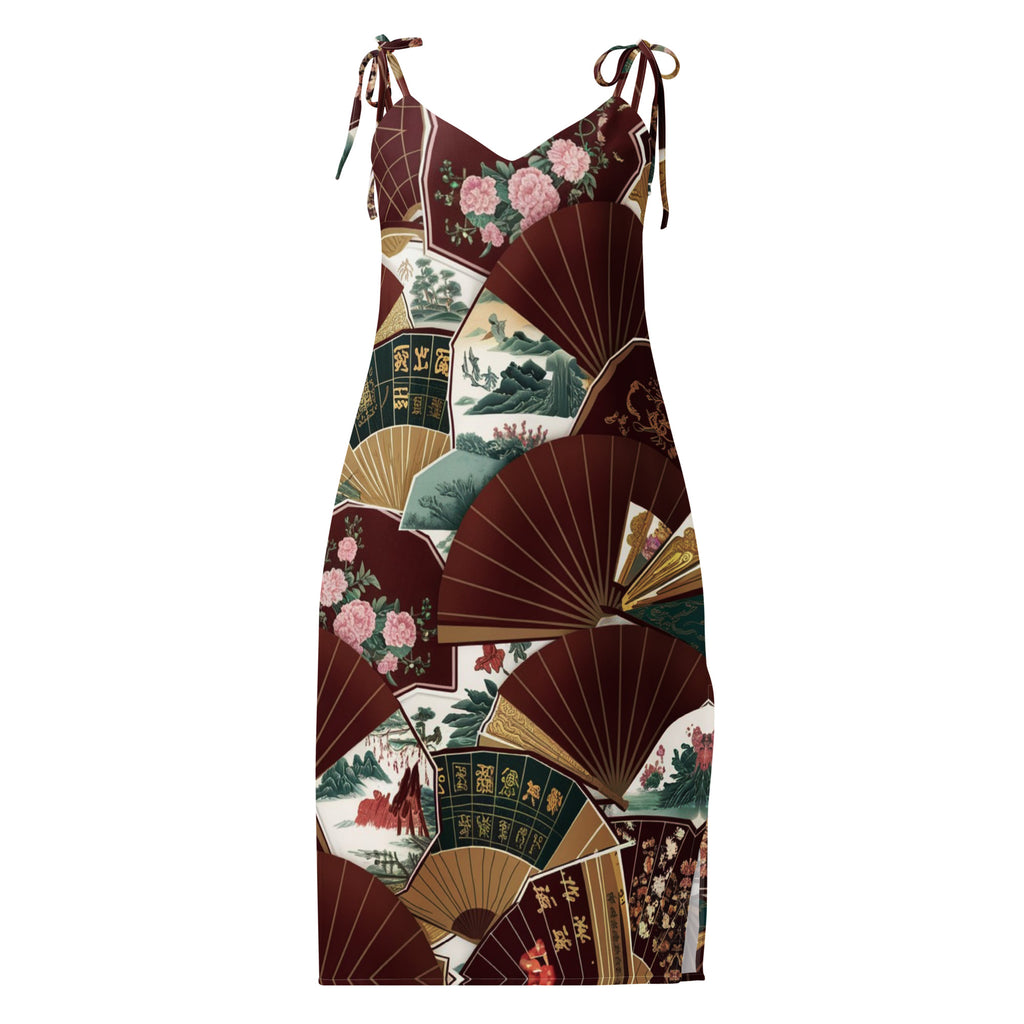 Chinese Fans Tie-strap midi dress - Zen garden lifestyle photography with Asian elegance and minimalist aesthetic
