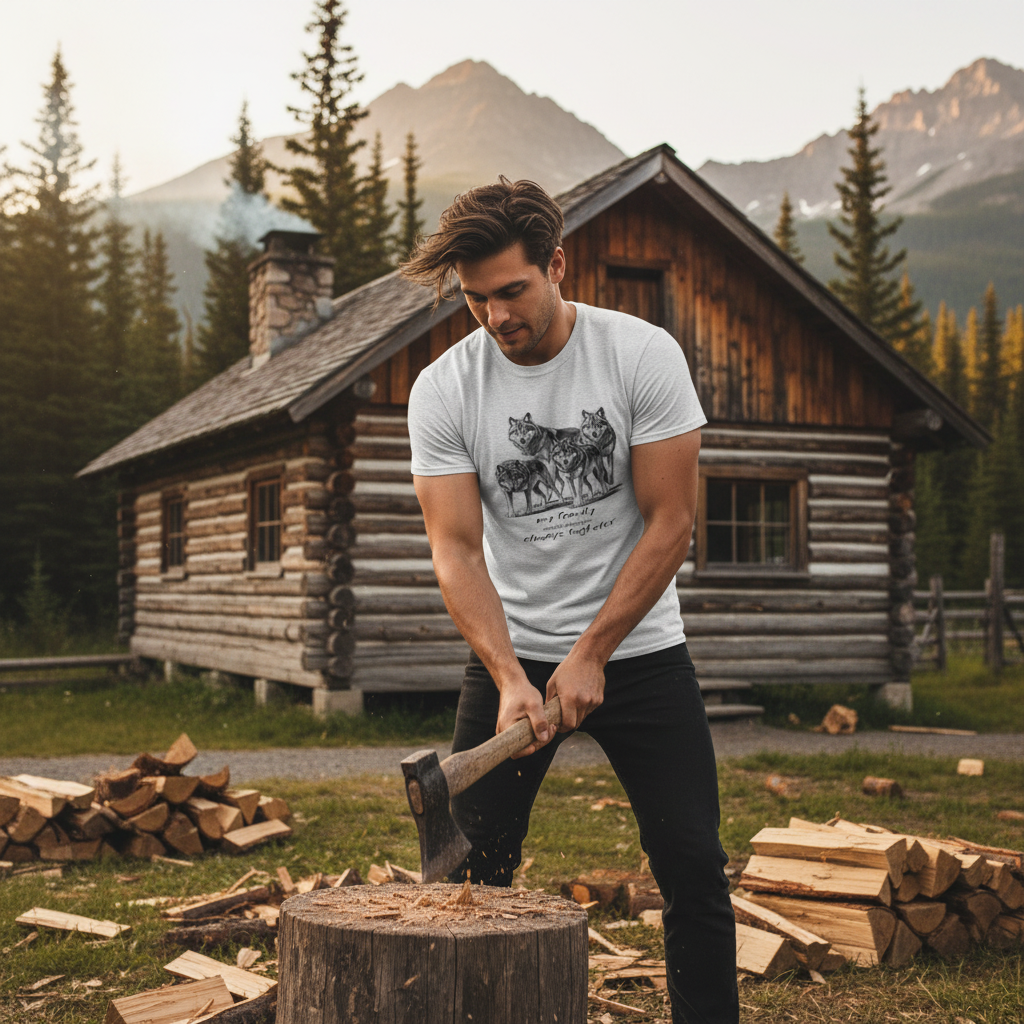 Ash grey wolf pack t-shirt man chopping wood log cabin