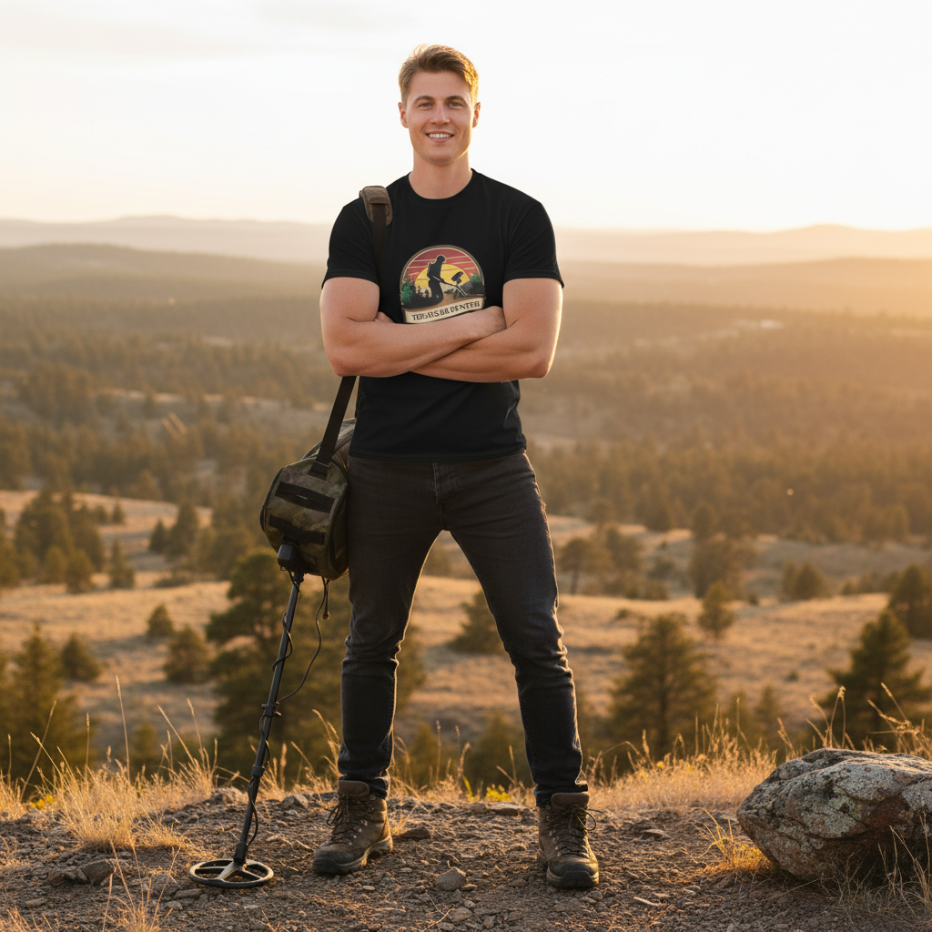 Black unisex t-shirt with Treasure Hunter vintage sunset design featuring metal detector silhouette - perfect for adventure seekers and treasure hunting enthusiasts