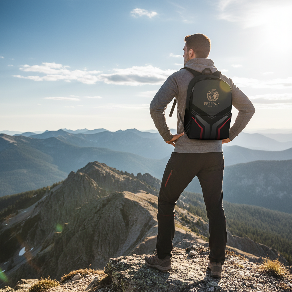 Athletic man on mountain summit with premium backpack