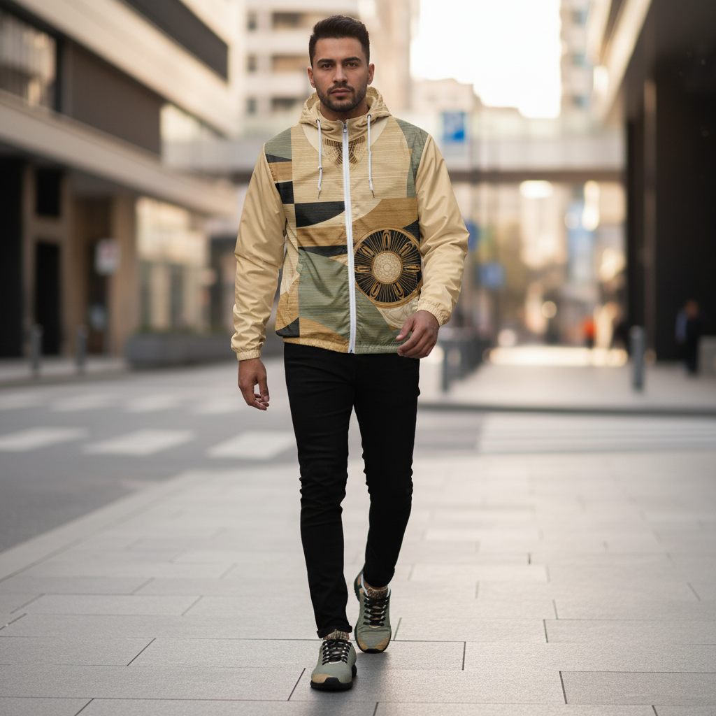 Athletic man wearing earth tones windbreaker zipped up with black pants and earth tones athletic shoes with black sole, walking on city street, low angle showing shoes prominently