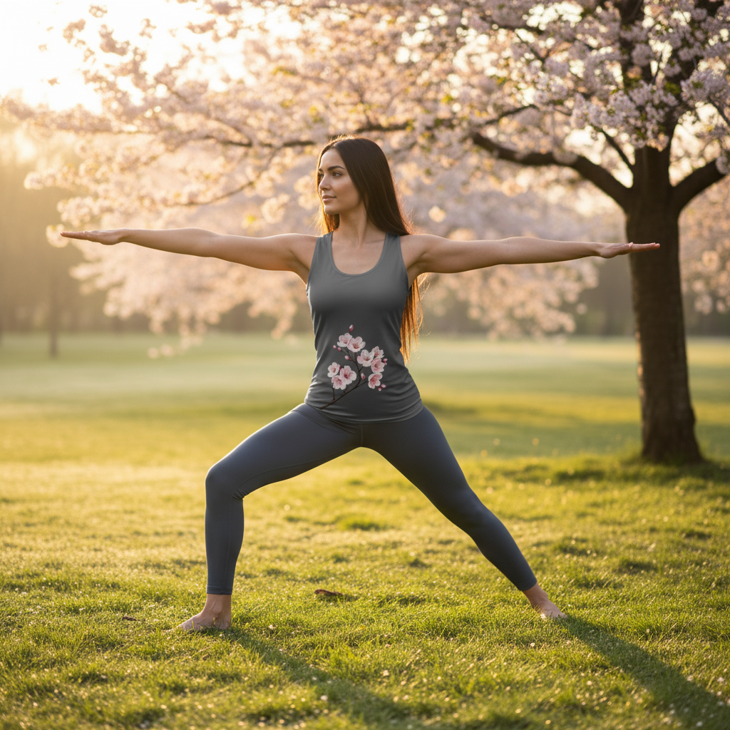 Athletic woman doing yoga in cherry blossom tank top
