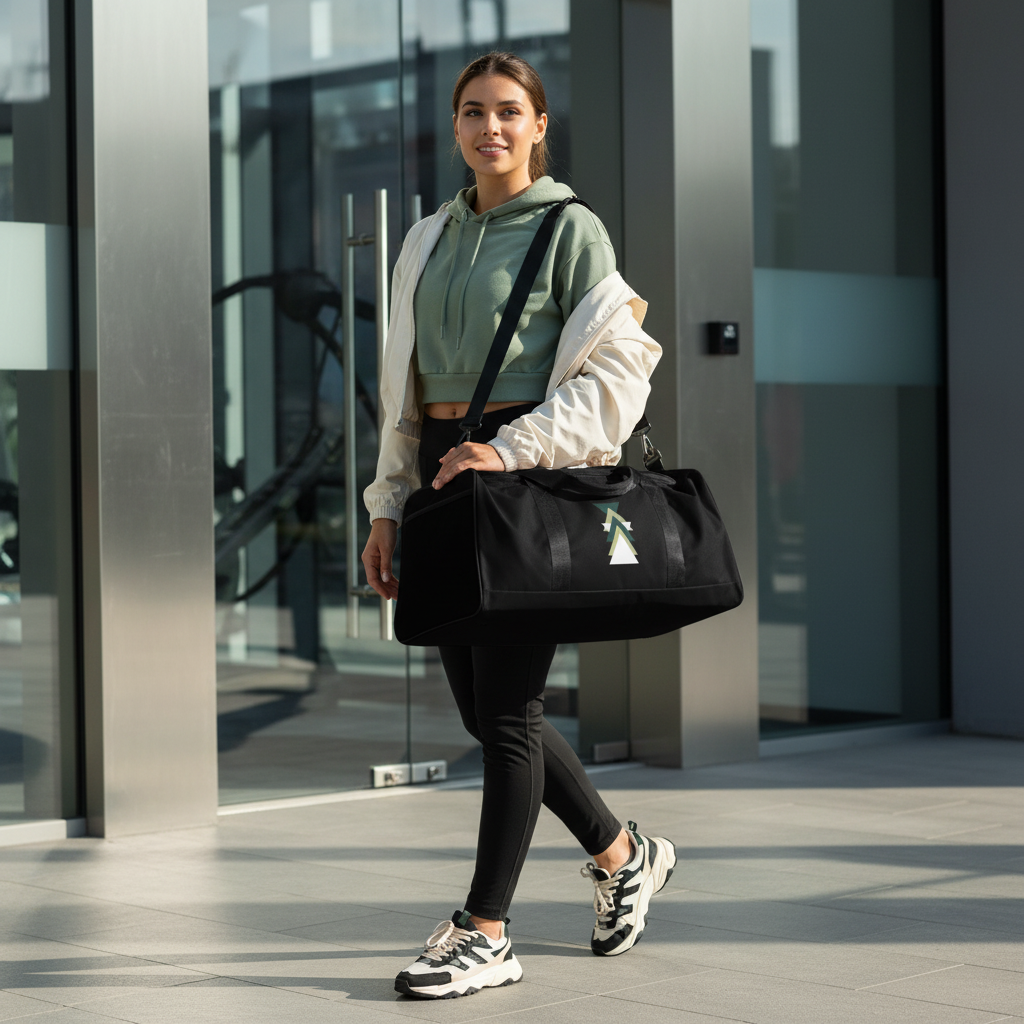 Athletic woman in green cropped hoodie and bike shorts with geometric duffle bag