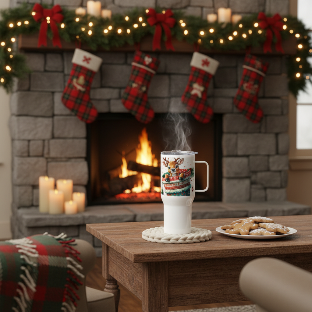 Baby Reindeer Travel Mug - Fireplace Cozy