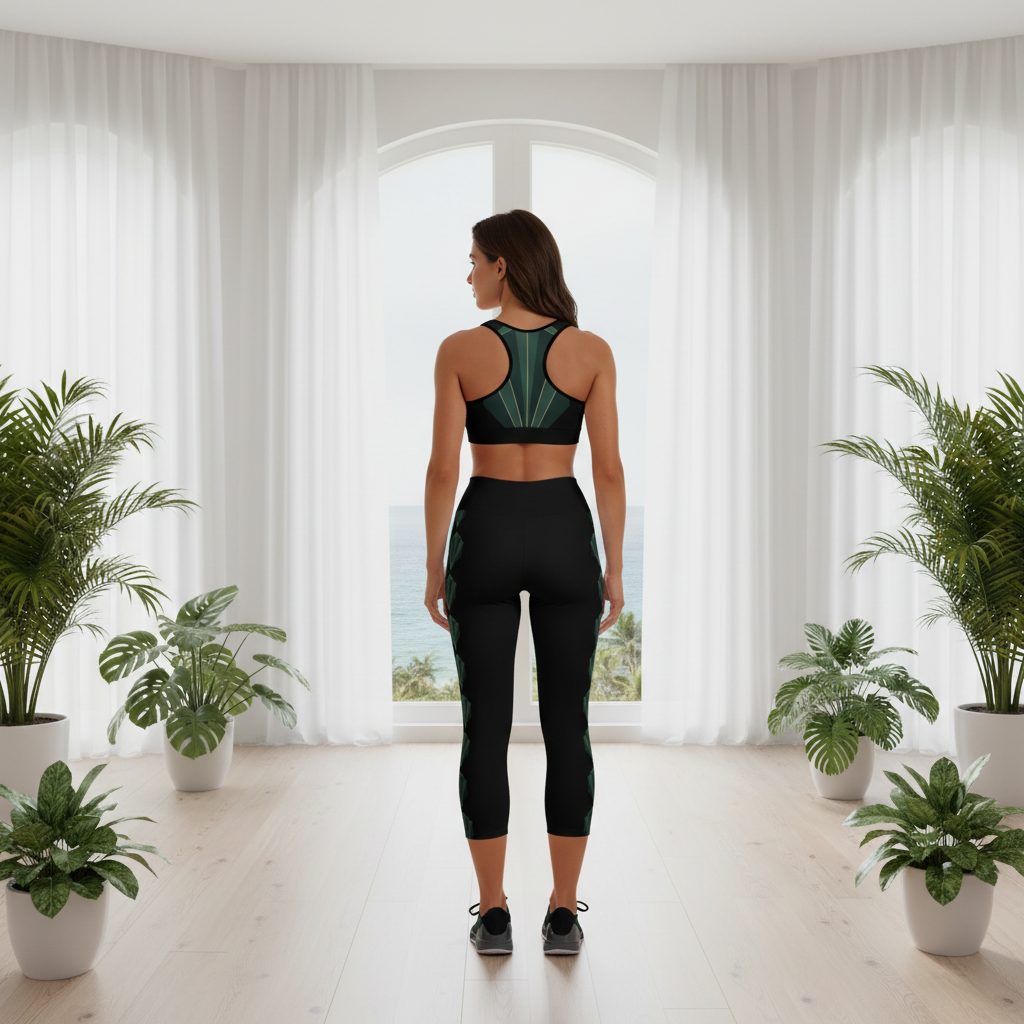 Back perspective of woman in complete emerald botanical activewear outfit in minimalist coastal luxury interior with plants