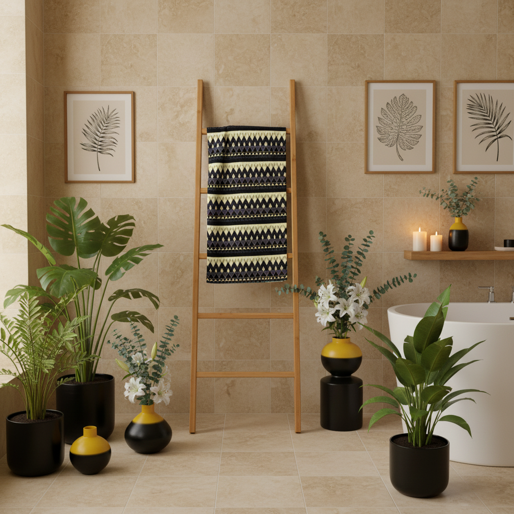Beautiful beige botanical bathroom with black and yellow geometric triangle towel