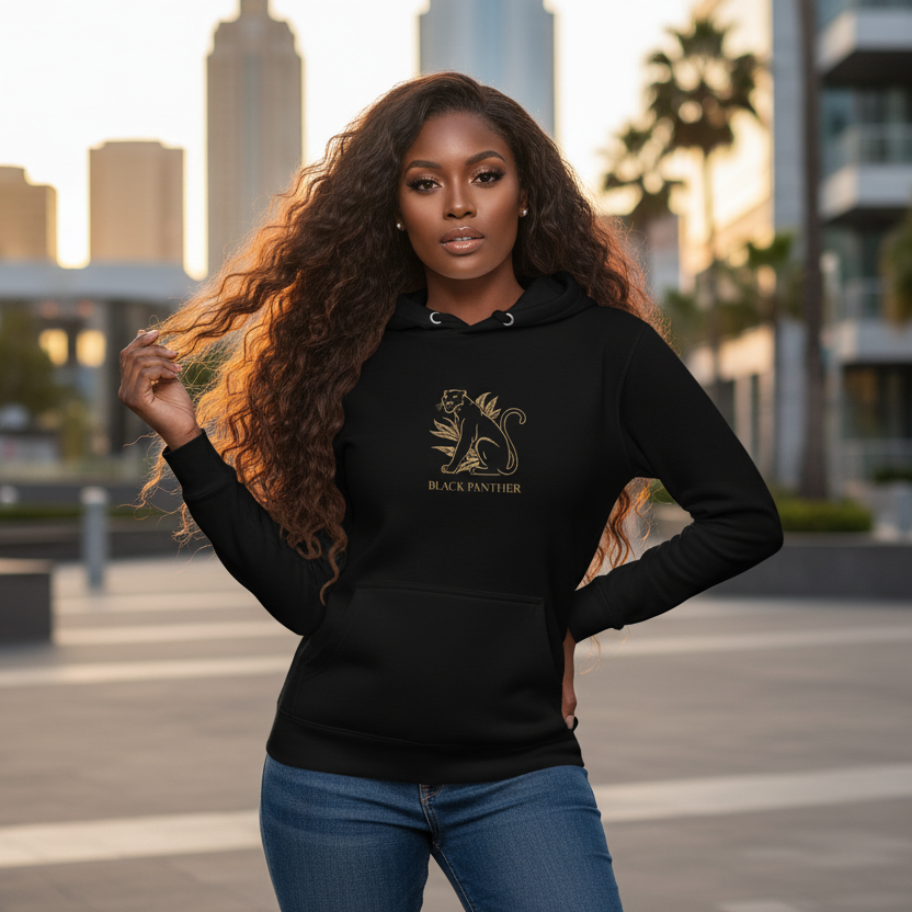 Beautiful Black woman in black Black Panther premium hoodie with gold design radiating strength and elegance
