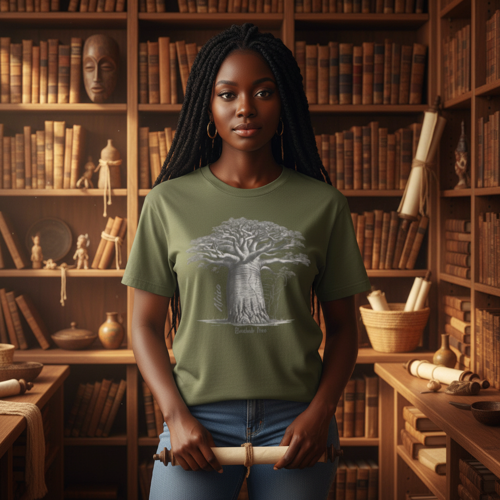 Beautiful Black woman wearing khaki baobab t-shirt in African heritage library