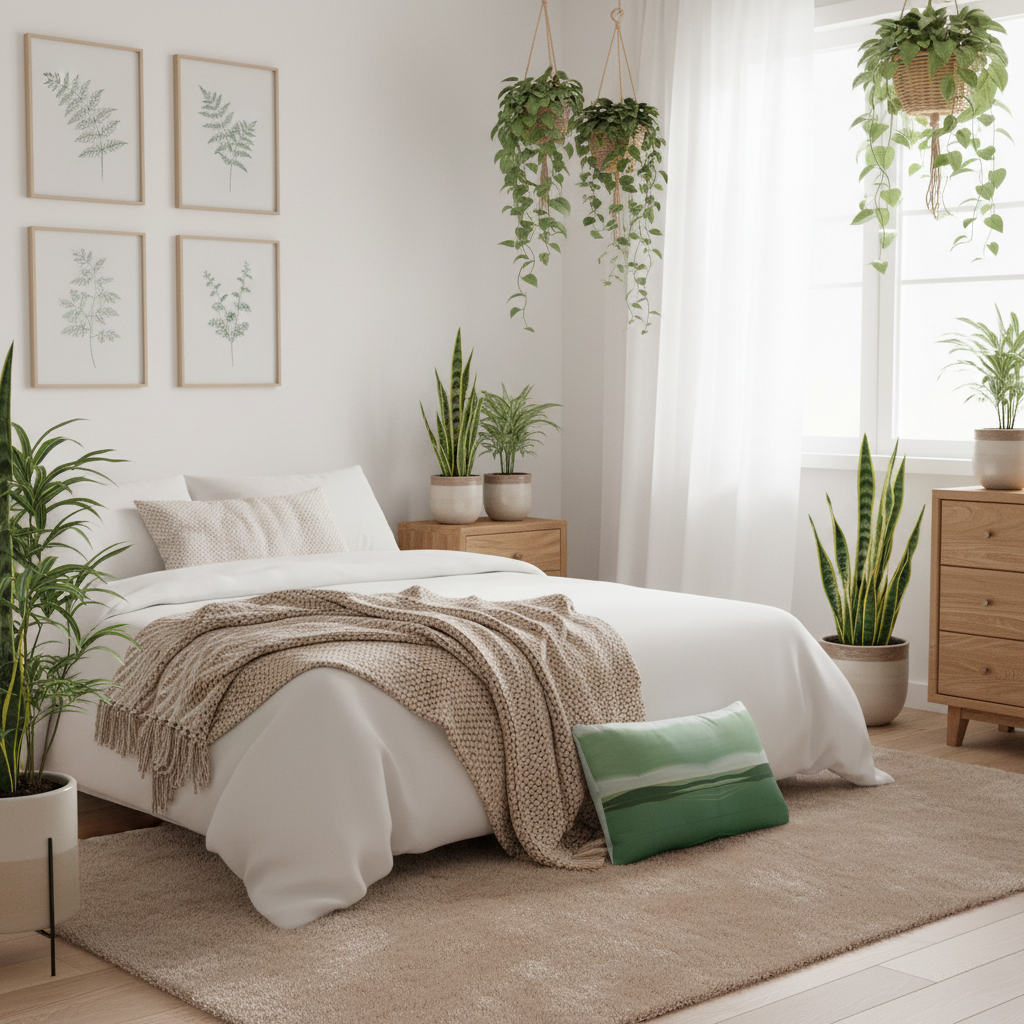Beautiful botanical bedroom with green abstract lumbar pillow
