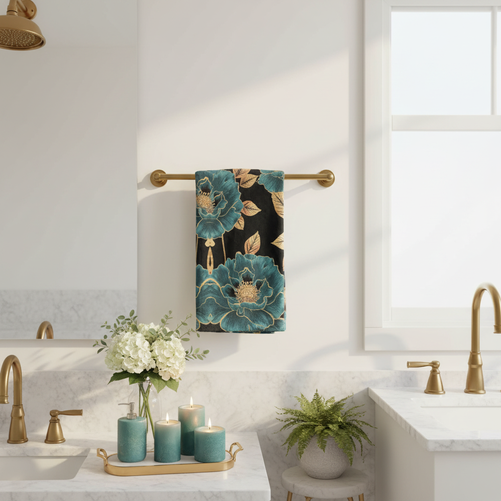 Beautiful bright cozy bathroom with teal and gold floral towel on brass rack with multiple decorative accents