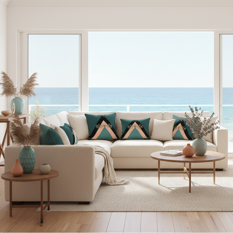 Beautiful coastal living room with cream sofa and layered geometric pillows