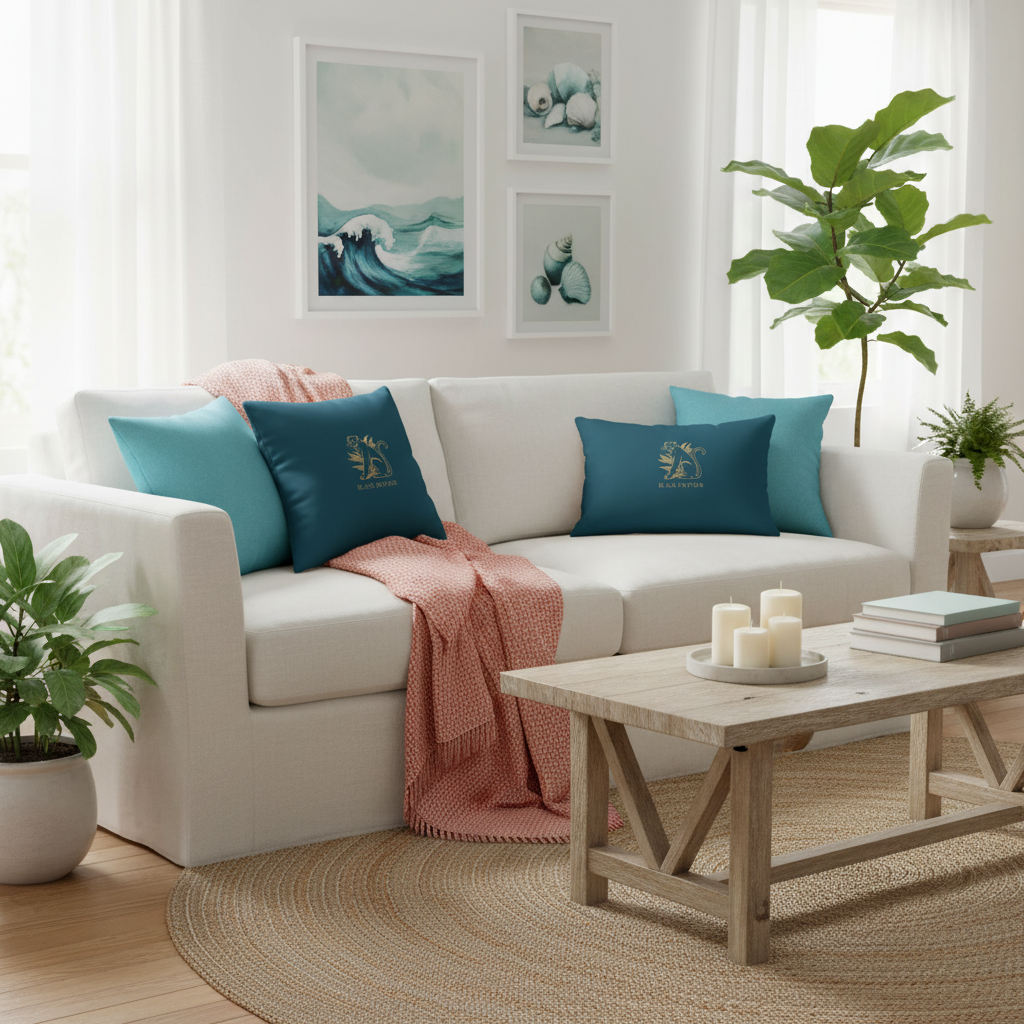 Beautiful coastal living room with teal and gold Black Panther pillows on white sofa showing panther, turquoise pillows, coral throw, driftwood table, coastal art, plants