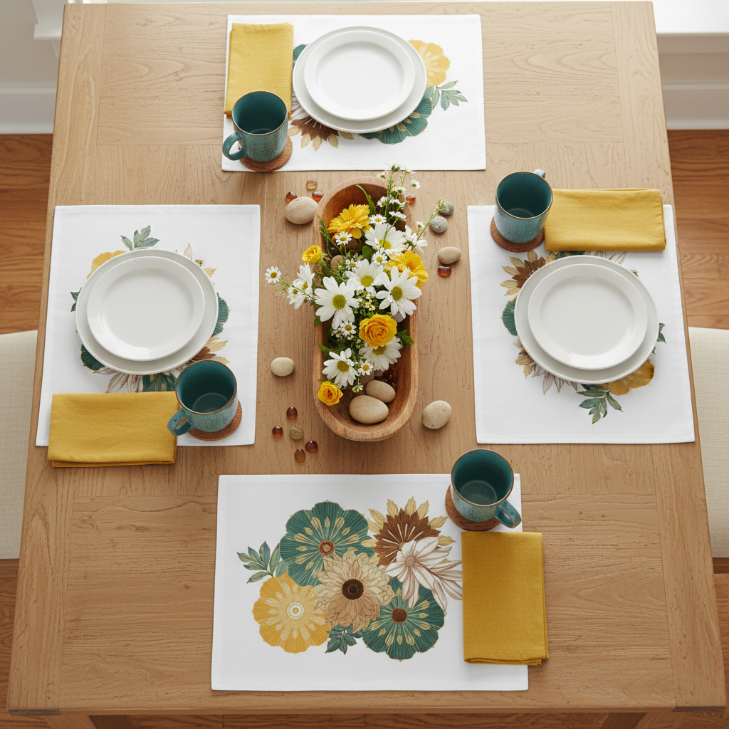 Beautiful coastal table top view with floral placemats