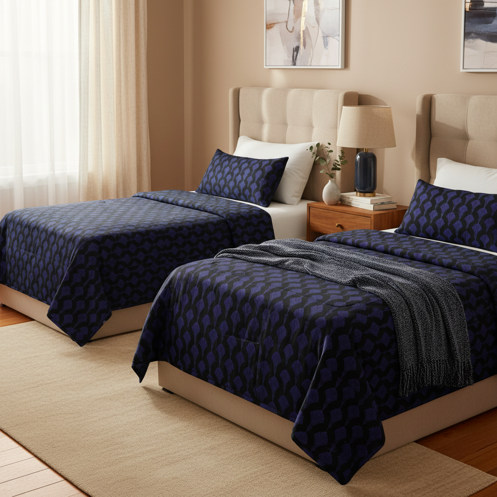 Beautiful cozy warm sunny twin bedroom with Art Deco bedding, beige walls and navy blue decor