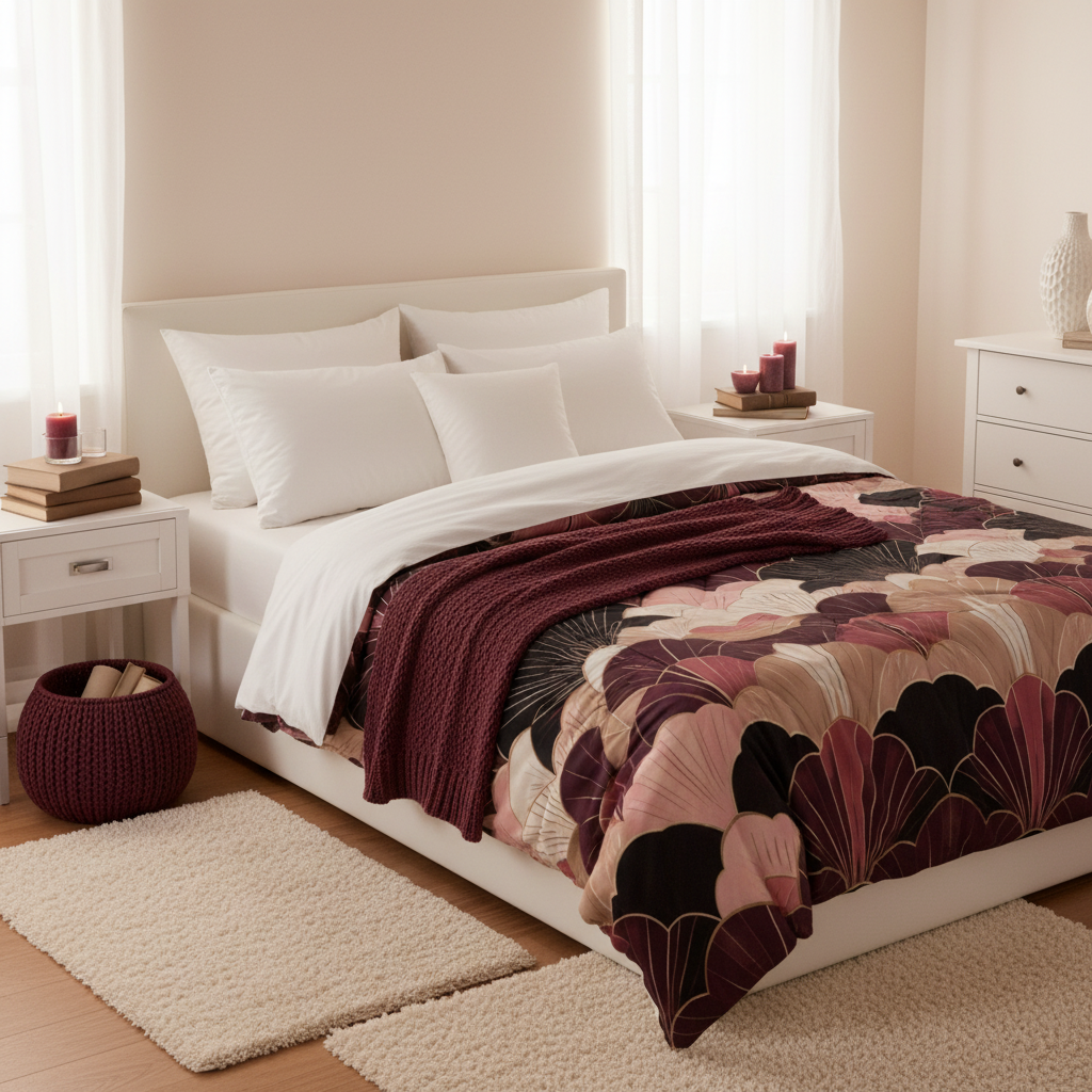 Beautiful cozy warm white queen bedroom with art deco geometric duvet cover, burgundy knit throw, burgundy candles, white furniture, burgundy basket, warm lighting, wider room view