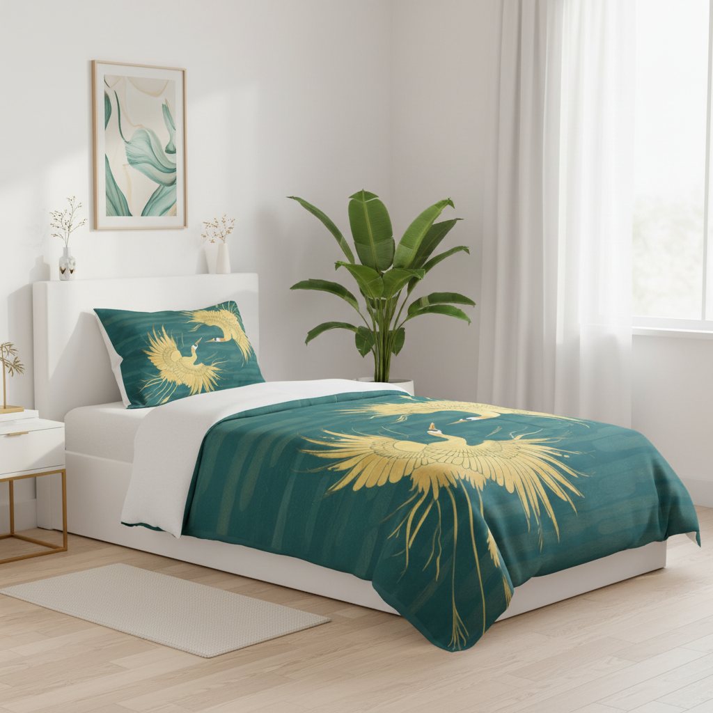 Beautiful minimalist bedroom with teal gold crane twin duvet cover and delicate accents