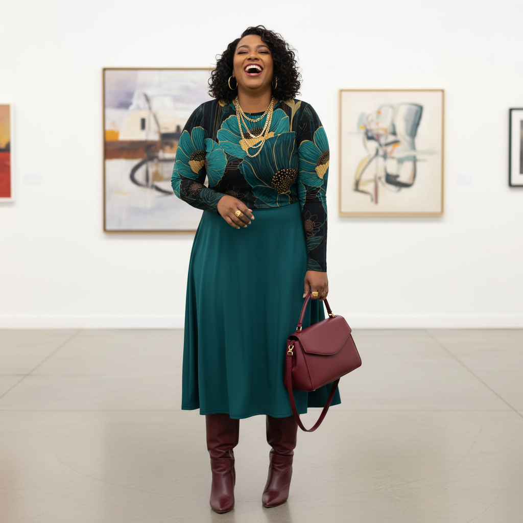 Beautiful plus size woman in teal dress with burgundy boots