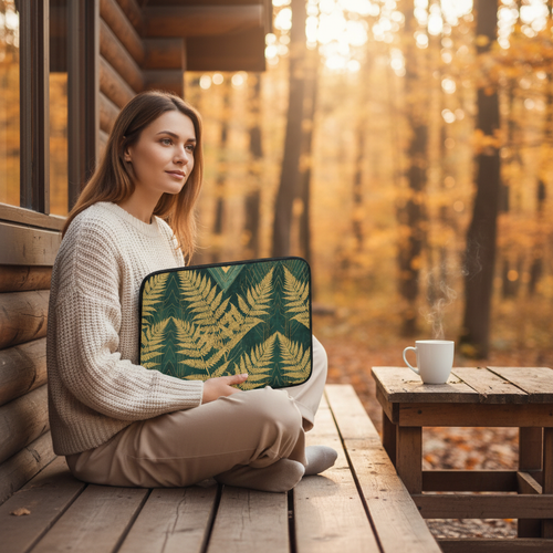 Beautiful stylish woman on wooden log cabin terrace holding emerald green gold fern laptop sleeve, cream knit sweater, autumn forest background, golden hour light