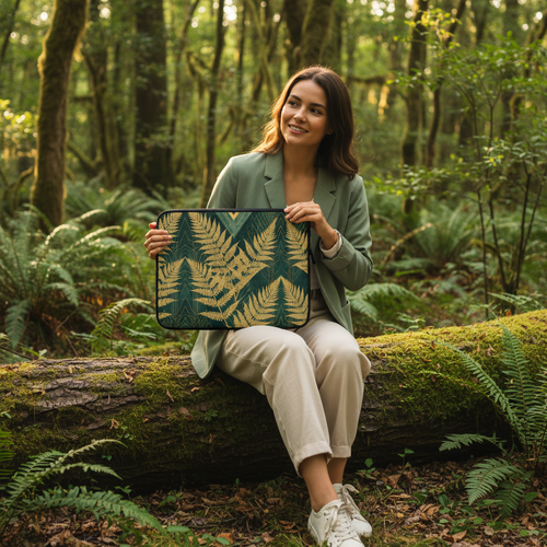 Beautiful stylish woman sitting on mossy rock in lush green forest holding emerald green gold fern laptop sleeve, sage green jacket, dappled sunlight