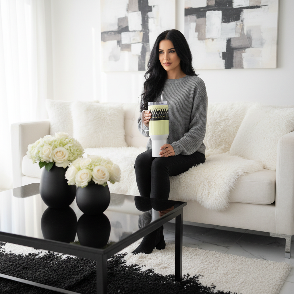 Beautiful woman holding yellow black geometric travel mug on white sofa