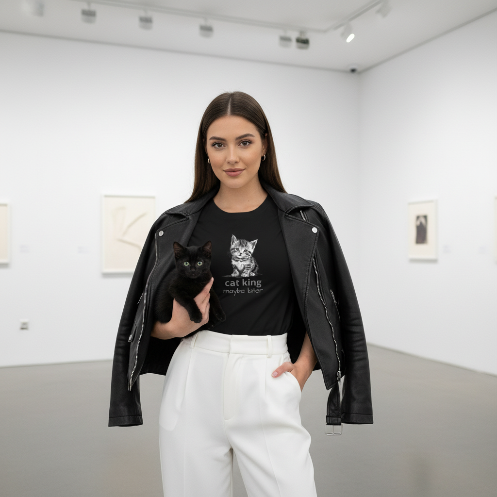 Beautiful woman in black cat king t-shirt with white pants and leather jacket in art gallery with black kitten