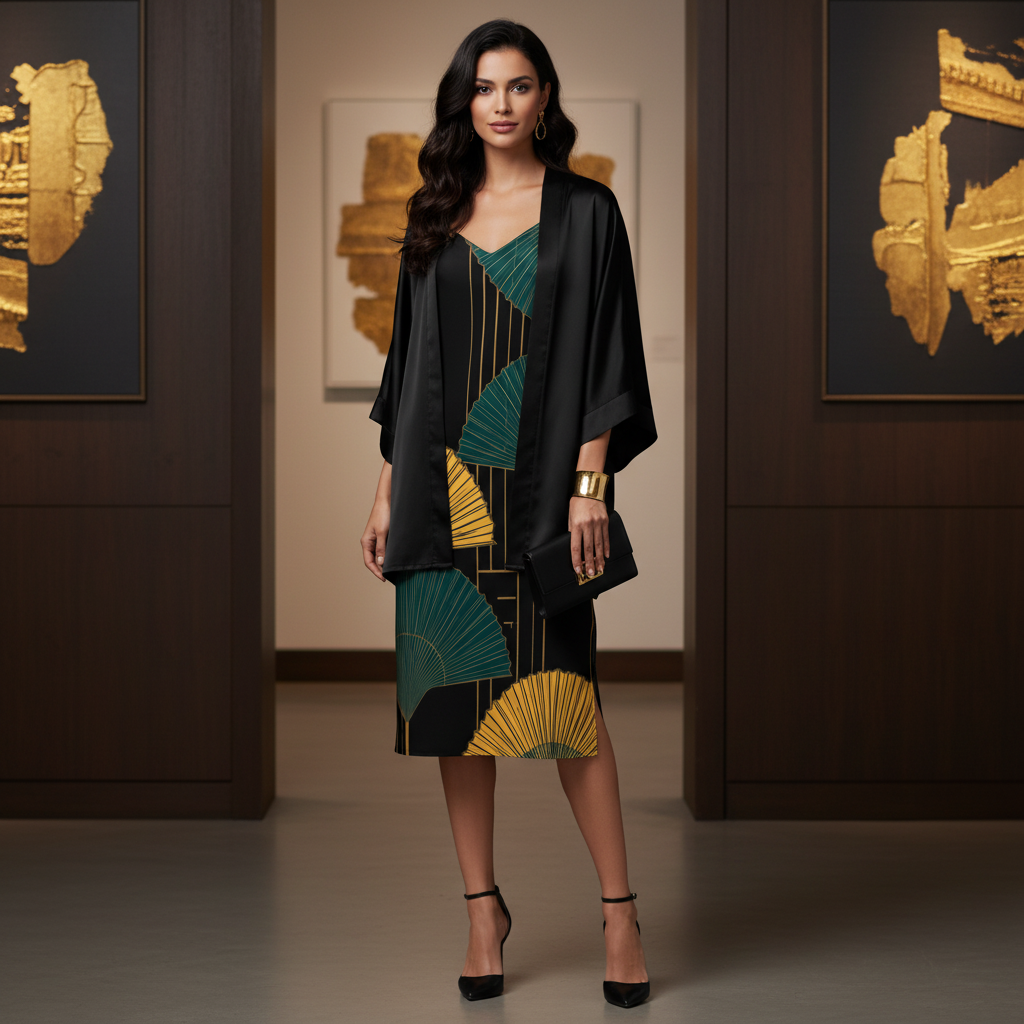 Beautiful woman in fan dress with black kimono cardigan and gold jewelry