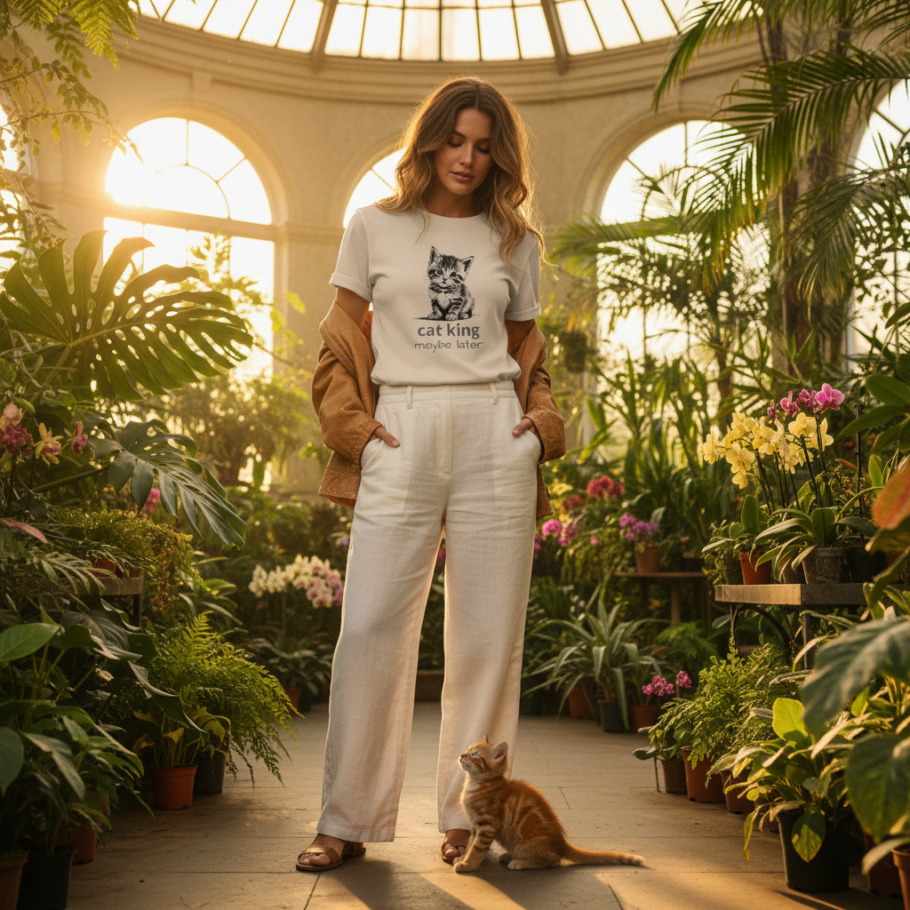 Beautiful woman in natural beige cat king t-shirt with linen pants and leather jacket in botanical garden with orange kitten
