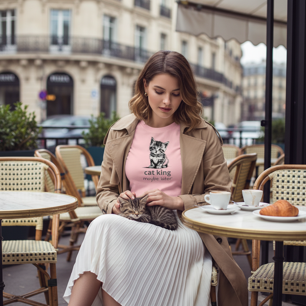 Beautiful woman in pink cat king t-shirt with white midi skirt and trench coat at Parisian café with tabby kitten