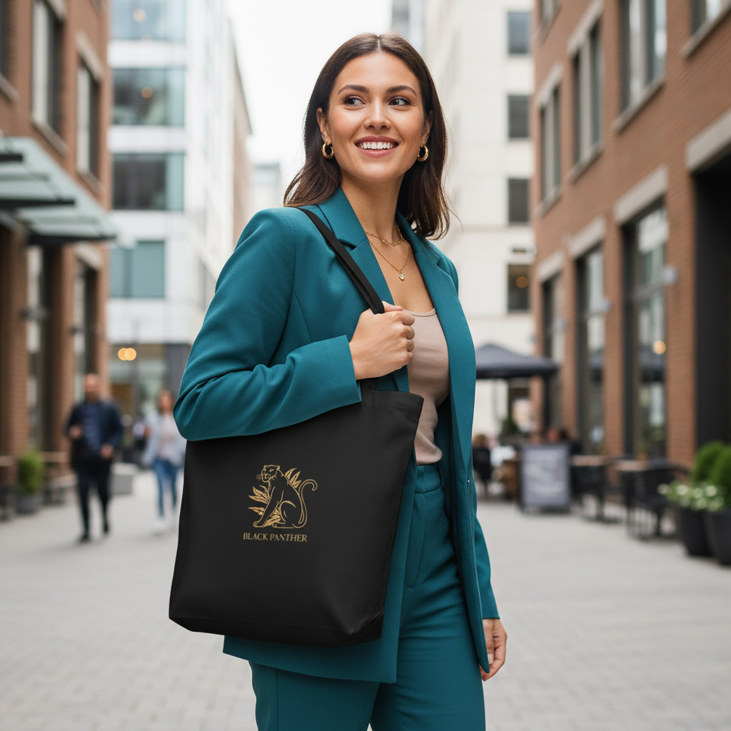 Beautiful woman in teal outfit with Black Panther eco tote bag radiating strength and joy