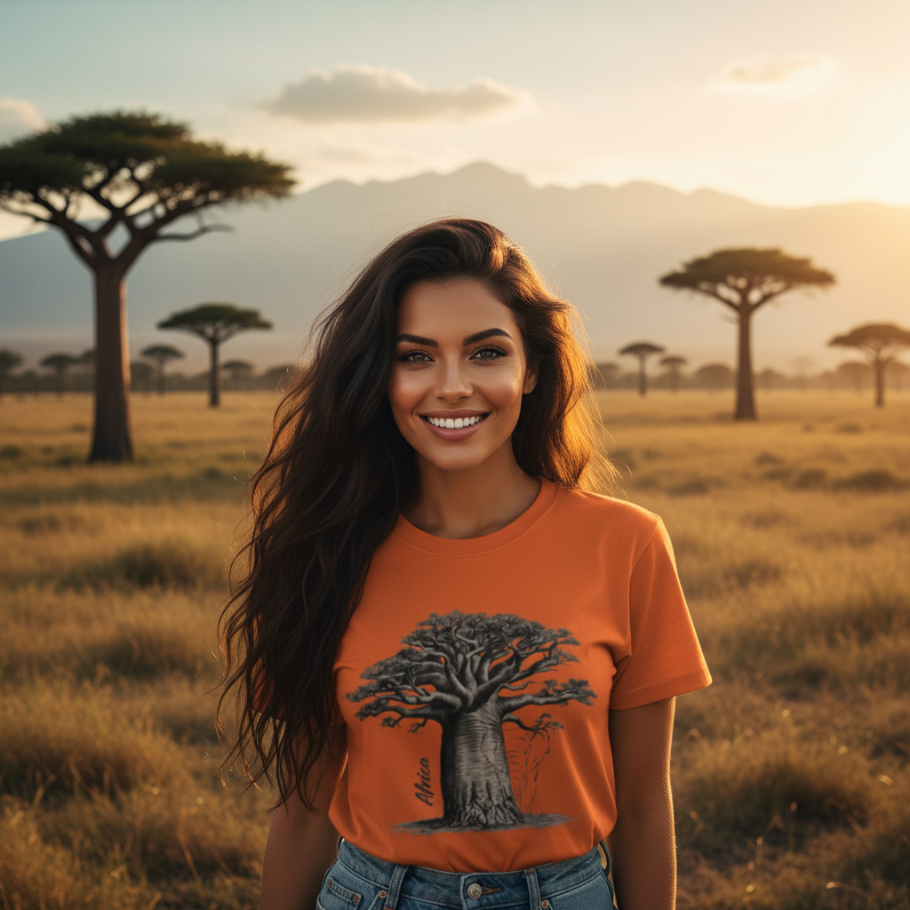 Beautiful woman wearing burnt orange baobab t-shirt in Kenyan savanna at sunset