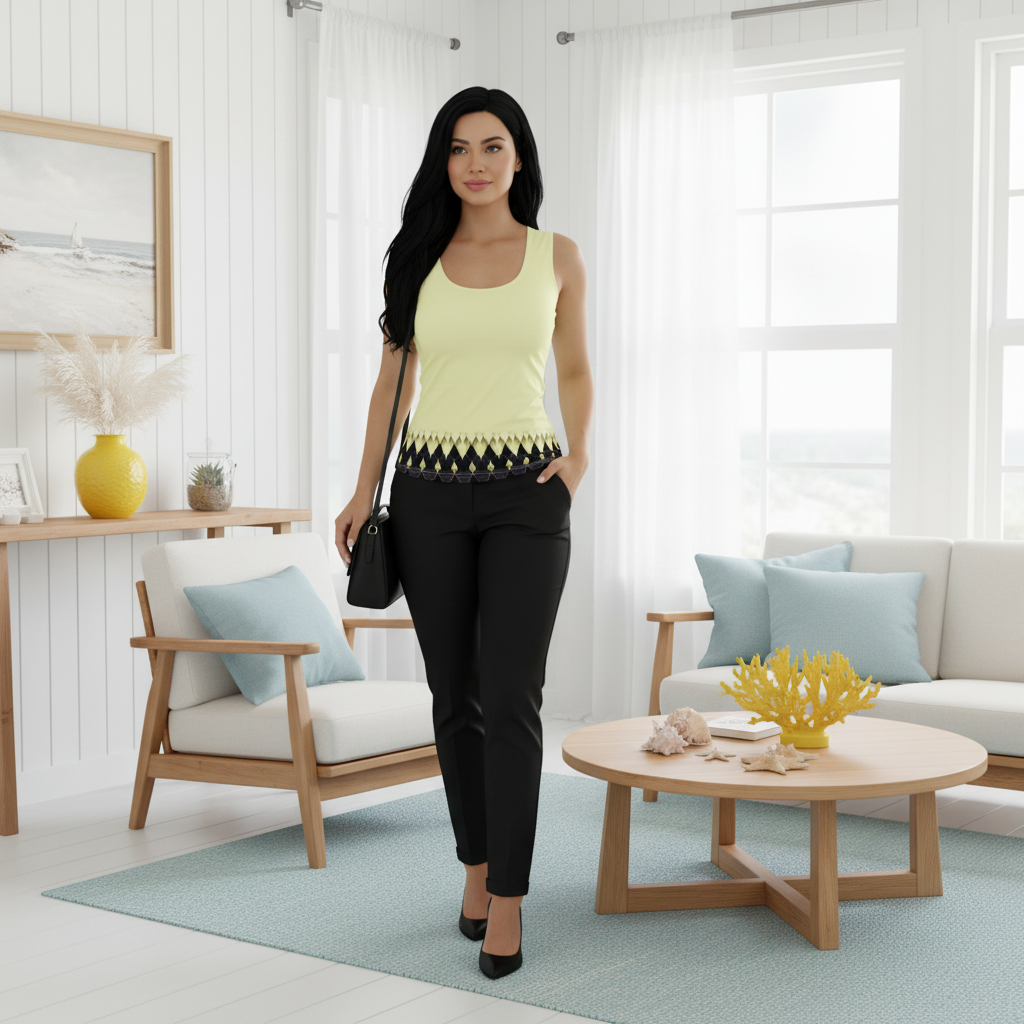 Beautiful woman with black hair in yellow black geometric tank top with black accessories