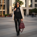 Beautiful woman with long hair wearing black spiral hoodie in luxury modern outfit