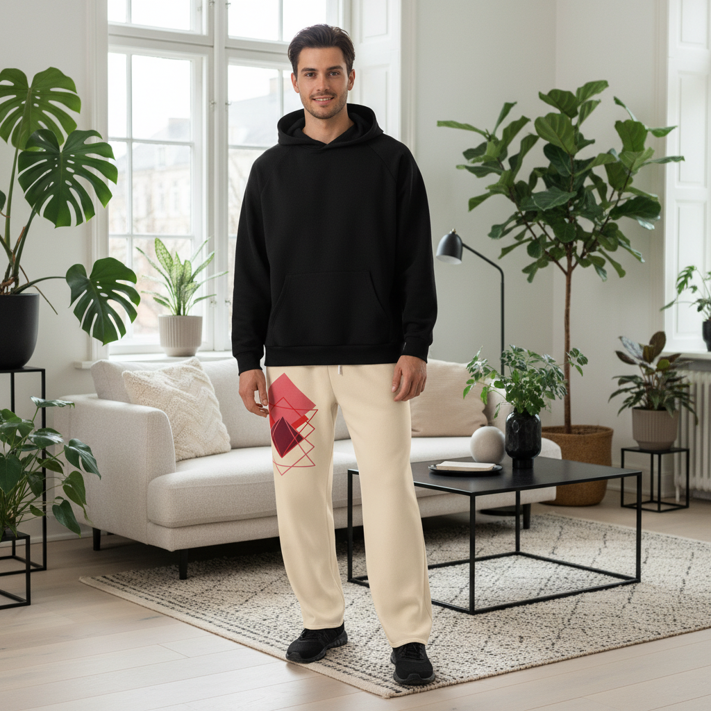 Beige track pants with diamond motif paired with black top in modern Scandinavian setting with plants