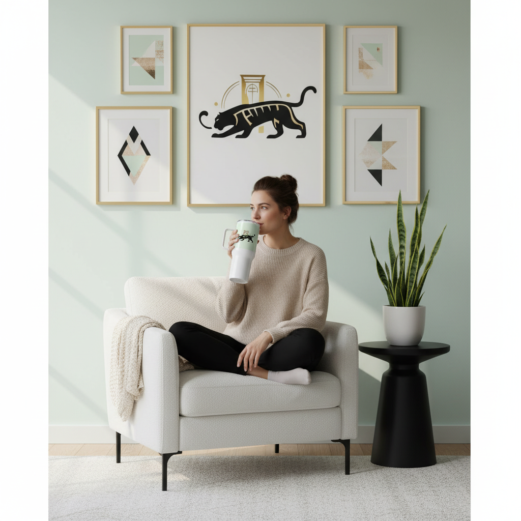 Big Cat Travel Mug Lifestyle - Modern Cozy Room with Jaguar Art