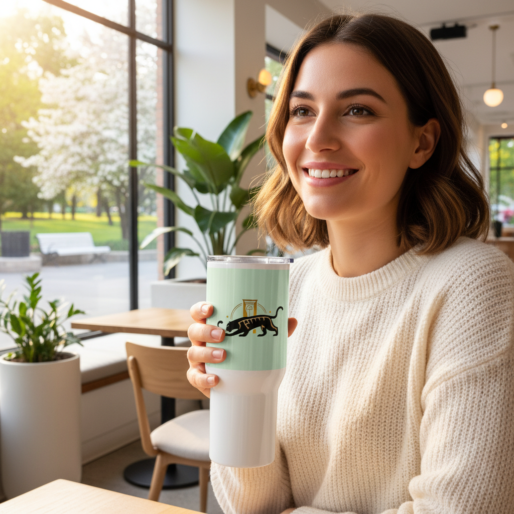 Big Cat Travel Mug Lifestyle - Warm Positive Vibes