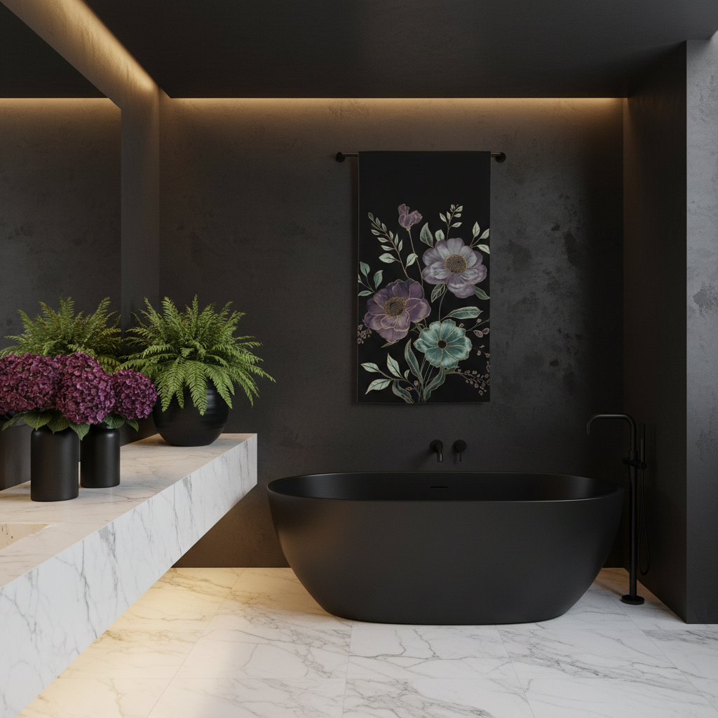 Black floral towel hanging vertically on black bathroom wall showing complete botanical pattern, black bathtub, purple flowers, sage plants